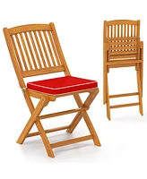 Outdoor Folding Chairs Set of 2 Acacia Wood High-Back Chair with Seat Cushions