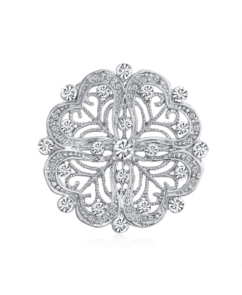 Bling Jewelry Antique Style Floral Heart Filigree Cz Brooche Pin Silver Brass