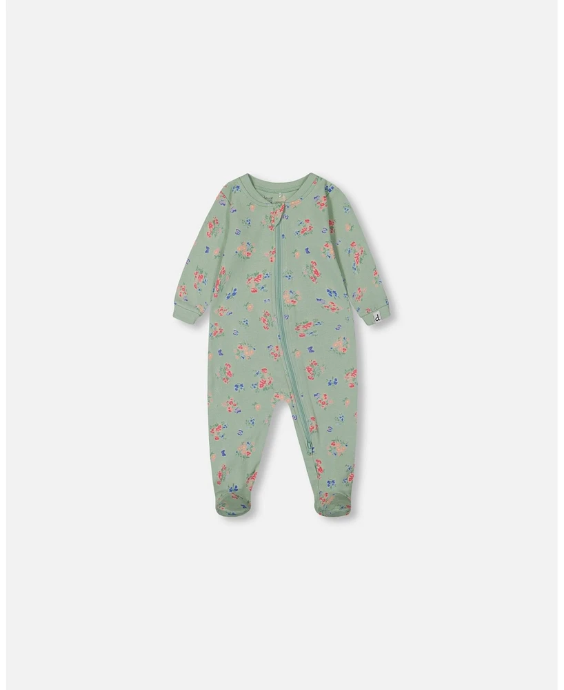 Baby Girl Printed Cotton One-Piece Pajama Small Pink And Blue Flowers On Light Sage - Infant