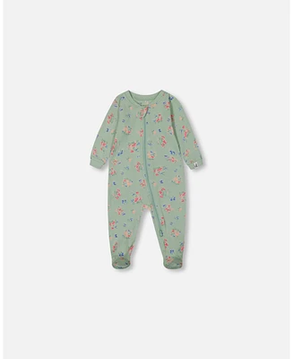 Baby Girl Printed Cotton One-Piece Pajama Small Pink And Blue Flowers On Light Sage - Infant