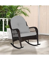 Patio Rattan Rocking Chair with Seat Back Cushions and Waist Pillow-Navy