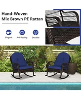 Patio Rattan Rocking Chair with Seat Back Cushions and Waist Pillow-Navy