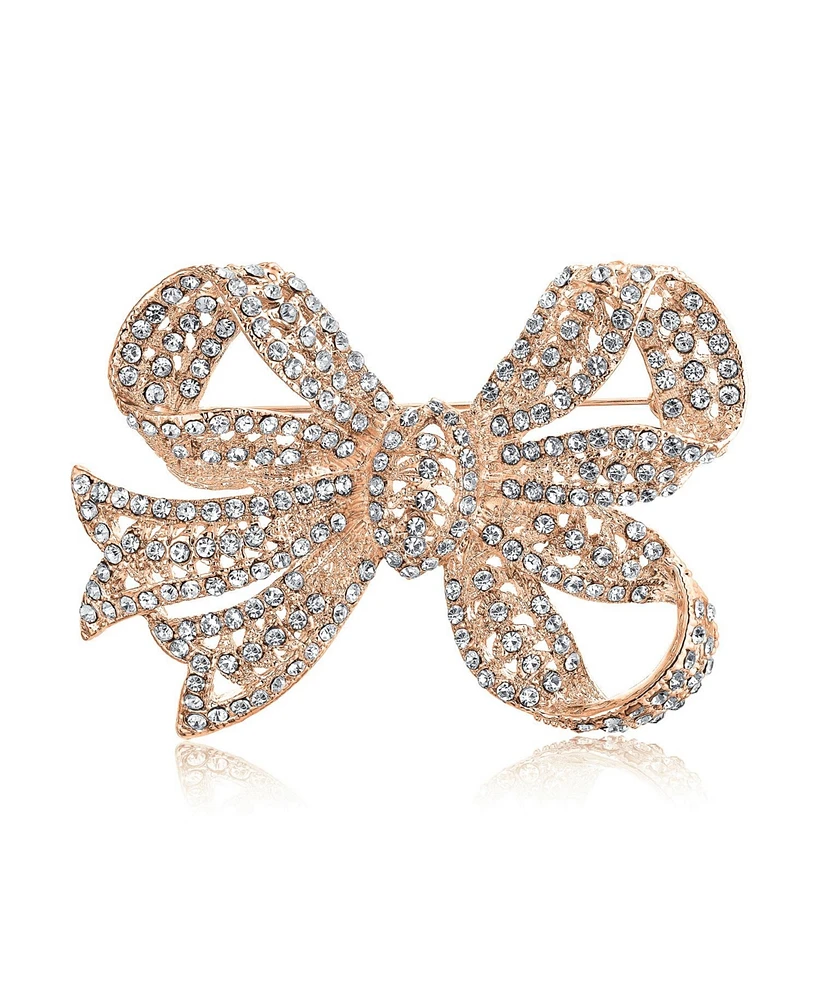 Bling Jewelry Victorian Style Royal Crystal Pave Filigree Ribbon Brooch Pin Silver Plated