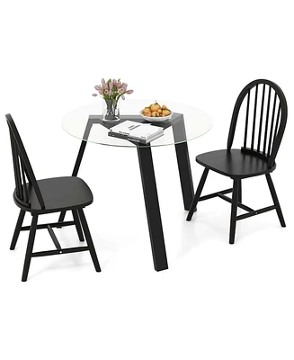 3 Pcs Dining Set for 2 Round Table with Chairs Solid Rubber Wood Frame Modern