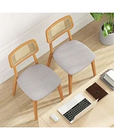 Wooden Rattan Dining Chair Set of 4 with Can Back Rubber Wood Frame Padded Seat