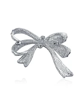 Bling Jewelry White Crystal Statement Ribbon Bow Brooche Pin Silver Plated