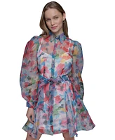 Karl Lagerfeld Paris Women's Printed Organza Tie-Waist Dress