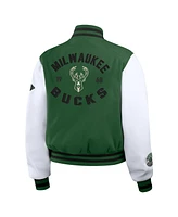 Wear by Erin Andrews Women's Hunter Green/White Milwaukee Bucks Cropped Varsity Full-Zip Jacket