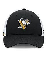 Fanatics Men's Black/White Pittsburgh Penguins Authentic Pro Simple Rink Trucker Adjustable Hat