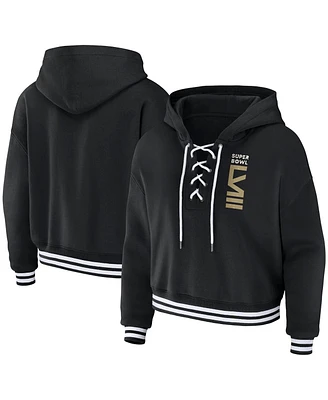 Wear by Erin Andrews Women's Black Super Bowl Lviii Lace-Up Pullover Hoodie