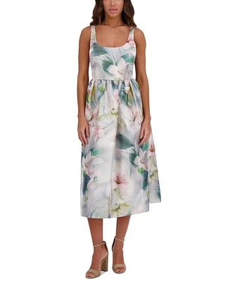 kensie Women's Printed Shimmer Twill Scoop-Neck Midi Dress