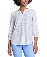 Jones New York Petite 3/4-Sleeve Embroidered Eyelet Top