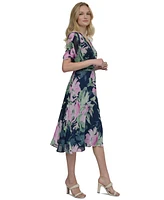 Dkny Women's Floral Tie-Waist Ruched-Sleeve Dress