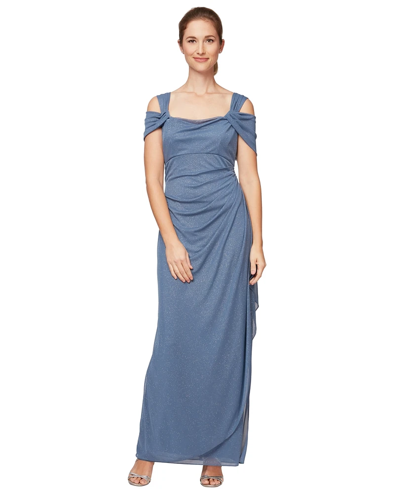 Alex Evenings Cold-Shoulder Draped Metallic Petite Gown