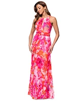 Xscape Women's Printed Pleated Sleeveless Halter-Neck Gown