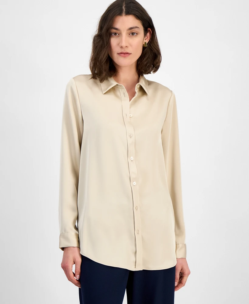 Tahari Asl Women's Satin Long-Sleeve Button-Front Blouse