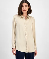 Tahari Asl Women's Satin Long-Sleeve Button-Front Blouse