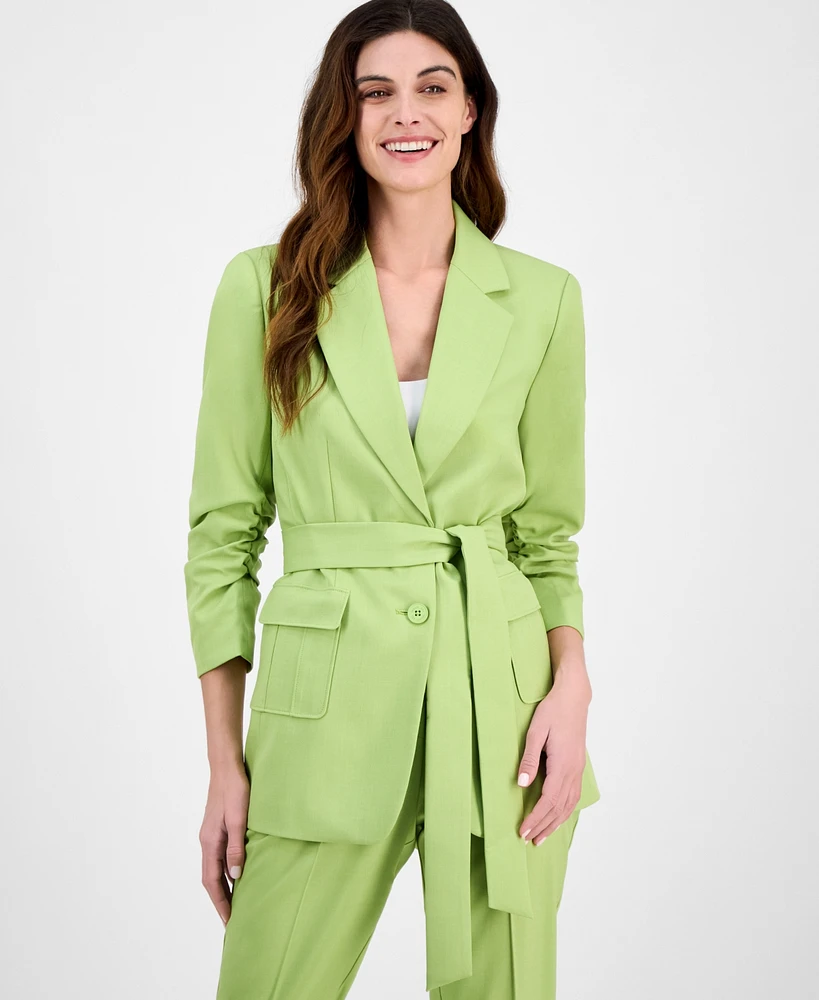 Tahari Asl Women's Ruched-Sleeve Belted Notch-Collar Jacket