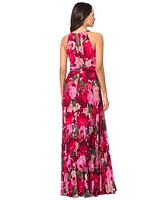 Xscape Women's Pleated Floral Chiffon Halter Dress