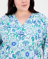 Jones New York Plus Floral-Print Linen-Blend Tunic