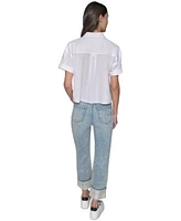 Karl Lagerfeld Paris Womens Cotton Crop Paris Scene Button Front Top High Rise Embellished Jeans