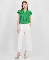 T Tahari Women's Woven Tasseled-Tie Flutter-Sleeve Blouse