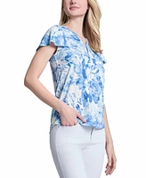 Jones New York Women's Printed Moss Crepe Flutter-Sleeve Top