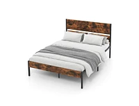 Metal Bed Frame with Wooden Headboard and Footboard