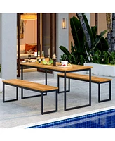 Patio Dining Bench Backless with Slatted Seat and Metal Legs