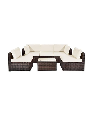 6 Pieces Patio Rattan Furniture Set with Cushions and Glass Coffee Table