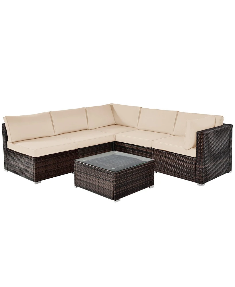 6 Pieces Patio Rattan Furniture Set with Cushions and Glass Coffee Table