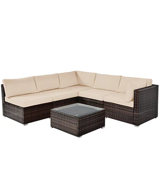 6 Pieces Patio Rattan Furniture Set with Cushions and Glass Coffee Table