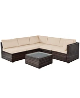 6 Pieces Patio Rattan Furniture Set with Cushions and Glass Coffee Table