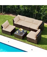 6 Pieces Patio Rattan Furniture Set with Cushions and Glass Coffee Table