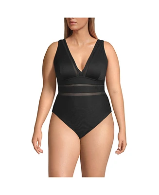 Lands' End Women's Plus Mesh Ribbed Plunge High Leg One Piece Swimsuit