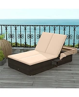 2-person Rattan Lounge Bed with Retractable Canopy 5-position Adjustable Backrest