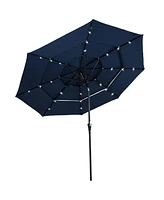 10 ft Outdoor Patio Umbrella with Tilt and Crank - 3-Tier Vented Outdoor Table Umbrella - Navy Blue - With Solar Lights