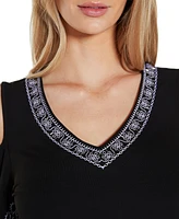 Belldini Women's Embroidered Cold-Shoulder Knit Top