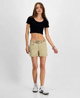 Dollhouse Juniors' Belted Ripped Cuffed Shorts