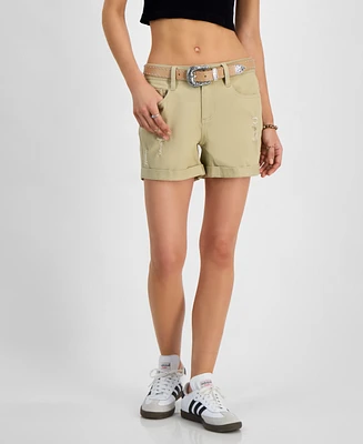 Dollhouse Juniors' Belted Ripped Cuffed Shorts