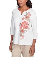 Alfred Dunner Petite Floral-Embroidered Split-Neck Top