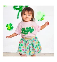 Little and Big Girls Lucky Rainbow Patch St. Patrick's Day Short Sleeve T-Shirt