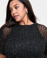 Bar Iii Trendy Plus Crochet Short-Sleeve Sweater, Exclusively at Macy's
