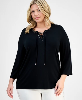 Jm Collection Plus Lace-Up Split-Neck Top, Exclusively at Macy's