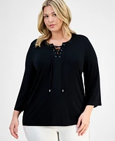 Jm Collection Plus Lace-Up Split-Neck Top, Exclusively at Macy's