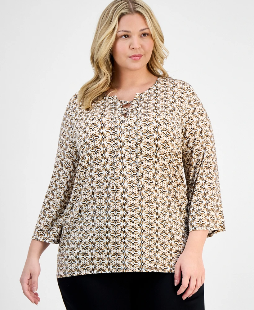 Jm Collection Plus Printed Lace-Up Split-Neck Top