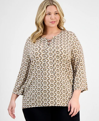 Jm Collection Plus Printed Lace-Up Split-Neck Top