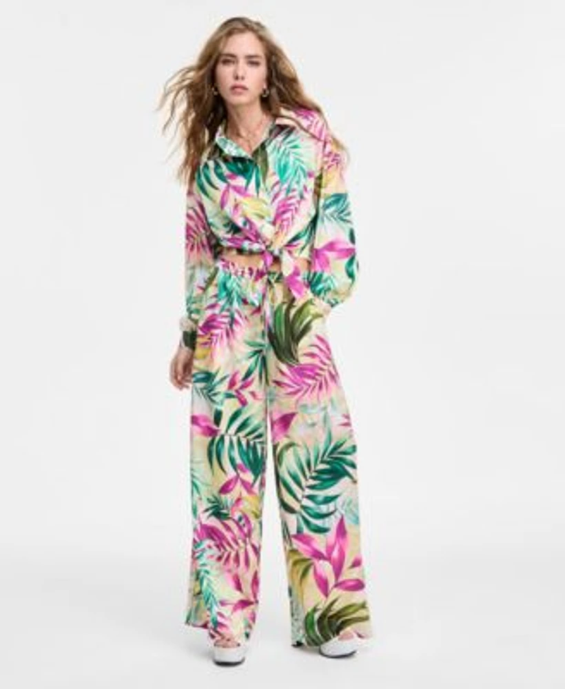 Guess Womens Tie Front Printed Shirt Ines Wide Leg Pants