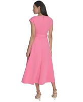 Calvin Klein Women's V-Neck Belted A-Line Scuba Dress