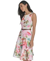 Calvin Klein Women's Floral Belted Jewel-Neck A-Line Dress
